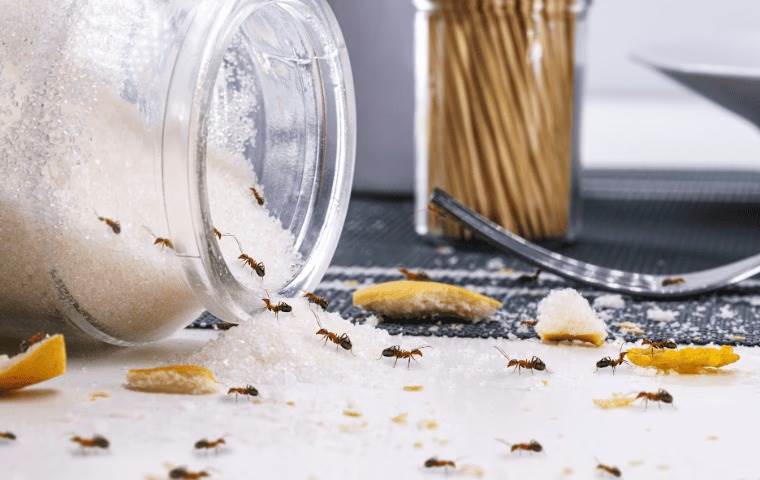 Ants eating sugar from a jar