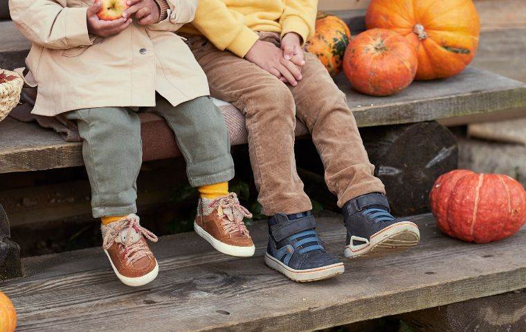 children sitting on a bench in the fall