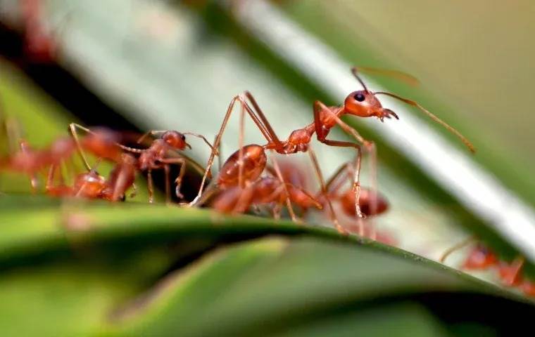 Ants on a green leaf.