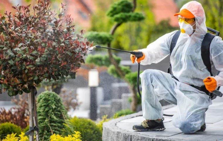 Professional gardener performing pest control treatment.