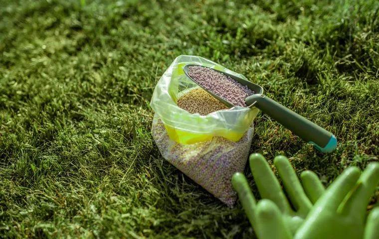 Bag of lawn fertilizer, hand shovel, and gloves on a lawn.