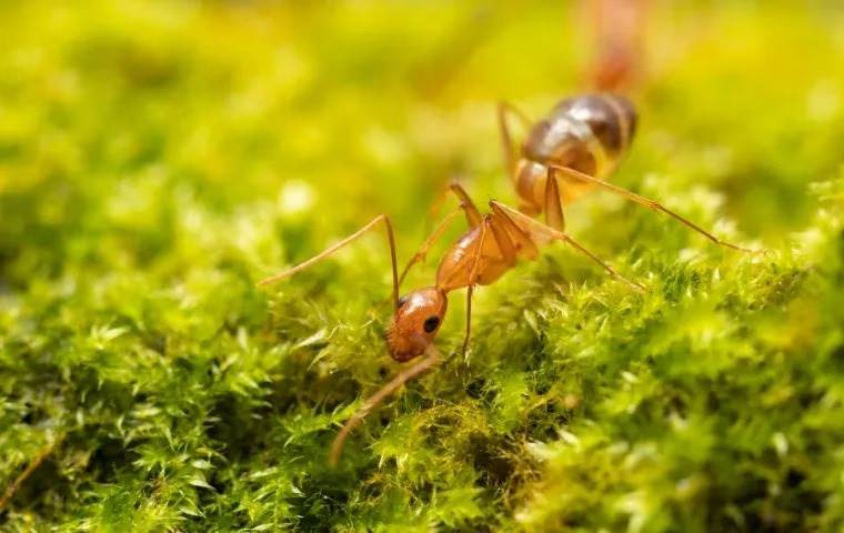 Yellow Crazy Ant crawling on green moss.