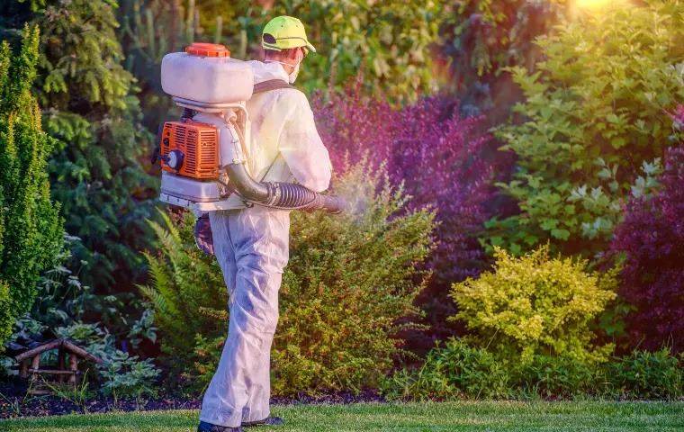Professional Pest Control Technician fogging a garden.