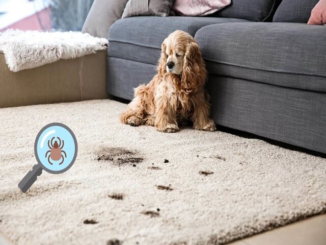 Dog on a dirty carpet.