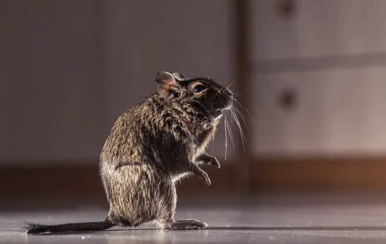Rodent on a kitchen floor in the dark.